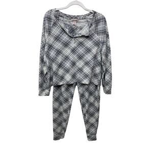 Victoria's‎ Secret Jogger PJ Pajama Set Long Sleeve Top Pants Grey White Plaid S
